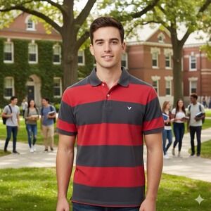 American Eagle Mens Size Medium Polo Shirt Red Grey Striped Collar Casual Preppy